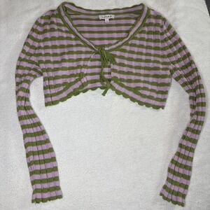 Striped Ribbed Tie Front Crop Cardigan Size S Pink Green Y2K